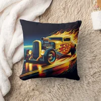 Hot rod cruising a fiery dusk highway throw pillow