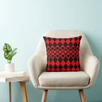 Red & Black Harlequin  with Hearts Throw Pillow