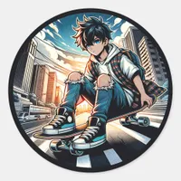 Pop Art Boy on Skateboard in City  Classic Round Sticker