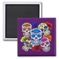 Sugar Skulls Colorful Roses Cinco All Souls Refrig Magnet