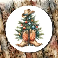 Country and Western Rustic Christmas Tree Classic Round Sticker