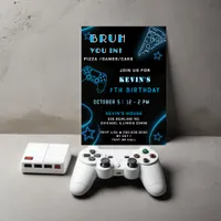 Blue Neon Glow Pizza Games Bruh Birthday Invitation