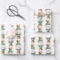 Cute Teddy Bear Green PJs Sitting on a Cloud Wrapping Paper Sheets