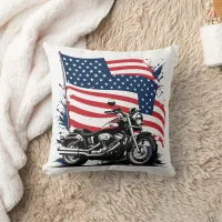 Vintage motorcycle with American flag backdrop Throw Pillow