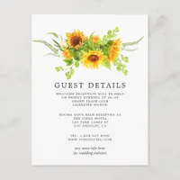 Watercolor Boho Sunflowers Wedding Guest Details Enclosure Card