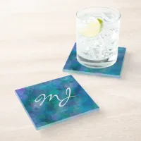 Monogrammed Blue Bokeh Abstract Digital Art   Glass Coaster