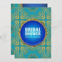 Eastern Bohemian Blue+Gold Sparkle Bridal Shower Invitation