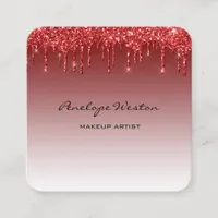 Elegant Red Glitter Drip Makeup Artist Square Business Card