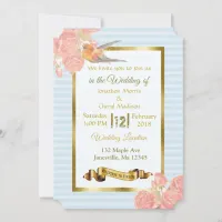 Pink Blue Gold Flower and Bird Wedding Invitations