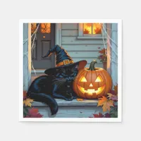 Black Cat Napping on Pumpkin Halloween  Napkins