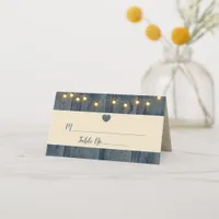 Rustic Blue Barn Wood String Lights Wedding Place  Place Card