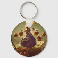 Steampunk Alice and Cupcakes AI Generated Art Keychain