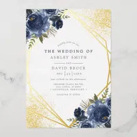 Navy Blue Floral Gold Geometric Modern Wedding Foil Invitation
