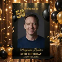 Black & Gold Balloons Photo 50th Birthday Welcome Foam Board
