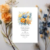 Blue and Pale Orange Floral Spring Wedding Invitation