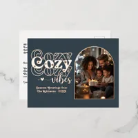 Charcoal and Rose Gold Cozy Vibes Retro Christmas Foil Holiday Postcard