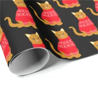 Cute Cat in Christmas Jumper Red Black Patterned Wrapping Paper