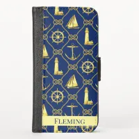 Classy Nautical Gold Rope Anchor Add Your Name iPhone X Wallet Case