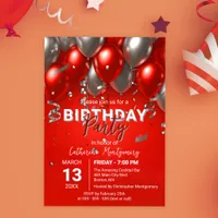 Elegant Chic Red and Silver Balloon Birthday Party Invitation