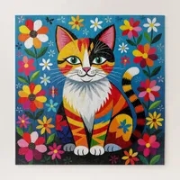 Boho Folk Art Cat, Flowers & Butterfly   Jigsaw Puzzle