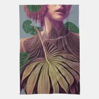 Woman in Monstera Deliciosa Leaves Kitchen Towel