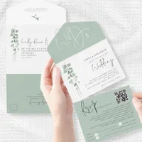 Modern Eucalyptus Script QR Code Wedding All In One Invitation