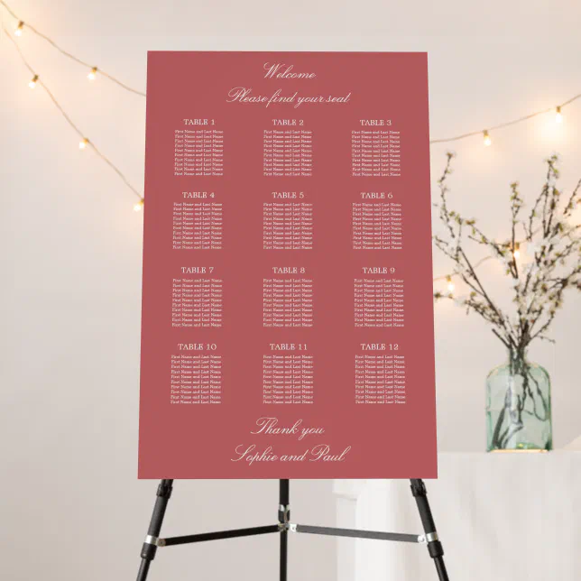 Dusty Rose Pink 12 Table Wedding Seating Chart Foam Board