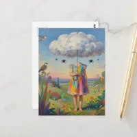 Her Head Was In the Clouds Colorful Surreal Art Postcard