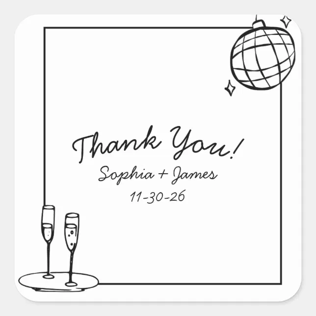 Retro Disco Personalized Wedding Thank You Square Sticker