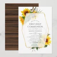 Sunflower Rustic Geometric First Communion Invitation