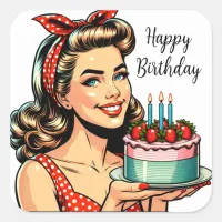 Happy Birthday Retro Pinup Girl Square Sticker