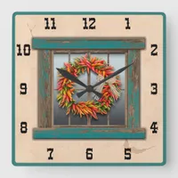 Southwest Chile Wreath Blue Window Western Numbers Square Wall Clock