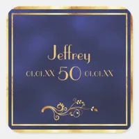 50th birthday party elegant blue and gold square sticker