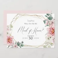 Pink Peony Flowers Will You Be My Maid of Honor Invitation
