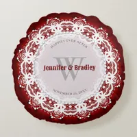 Deep Red & White Lace Wedding Keepsake Gift Round Pillow