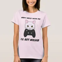 Tough Black White Cartoon Controller Gamer Cat T-Shirt