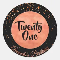 21st birthday rose gold confetti on black classic round sticker