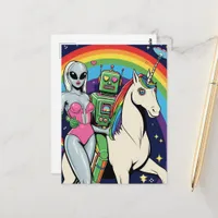 Alien and a Robot in Love With Thier Unicorn Postcard