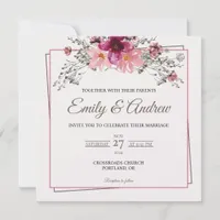 Pink Berry Frame Floral Watercolor Square Wedding Invitation