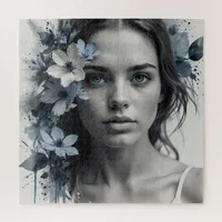 Blue Floral Portrait of a woman  Jigsaw Puzzle