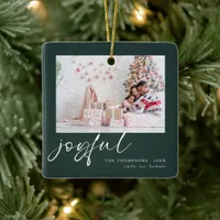 Modern 2 Photo Joyful Script Christmas Green  Ceramic Ornament