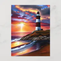 Beautiful Lighthouse, Sunset and Ocean Waves Postcard