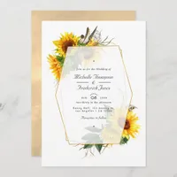 Golden Geometric Sunflowers QR Code RSVP Wedding Invitation