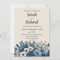 Elegant Blue Floral Design with Cream Background  Invitation