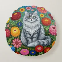 Fluffy Gray Striped Cat with Folk Art Flowers Round Pillow