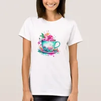 Vintage Coffee Cup with Pink and Orange Flowers T-Shirt