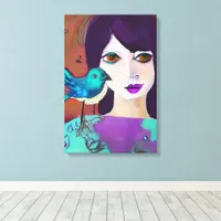 Abstract Girl and Bird Purple and Teal Canvas Print