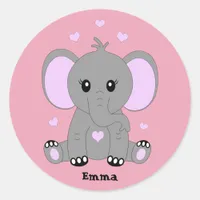Cute baby elephant in pink for girls, hand drawn,  classic round sticker