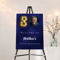 Navy blue gold 80th photo birthday party welcome foam board