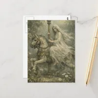 Ghost Woman on Abandoned Carousel Horse in Garden Postcard